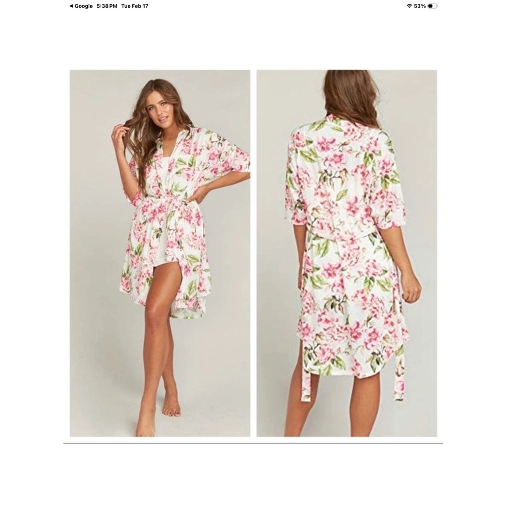 Show Me Your Mumu Floral Kimono Robe Pink White One Size Lightweight Tie Waist